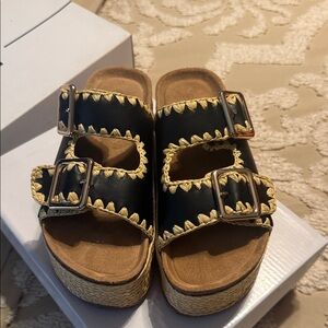 Steve Madden Black and Tan Buckle Sandals